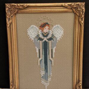 Blue Angel with Roses Crown Cross Stitch Art